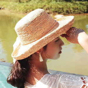 럭셔리 라피아 코바늘 벙거지 버킷햇 여성 여름 여행 모자