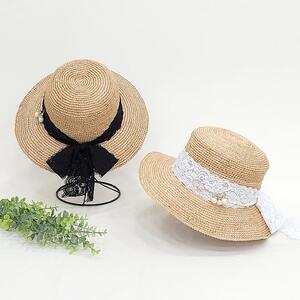 진주브로치 밀짚 라피아 왕골 여성 여름 여행 모자