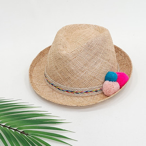 에스닉폼폼 라피아 밀짚 왕골 라탄 페도라 여름 모자